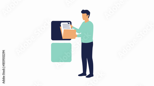 illustration of a man selecting files from a digital archive or storage system in a minimalistic