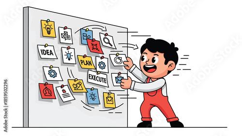 Animated Character Organizing Creative Ideas on a Bulletin Board