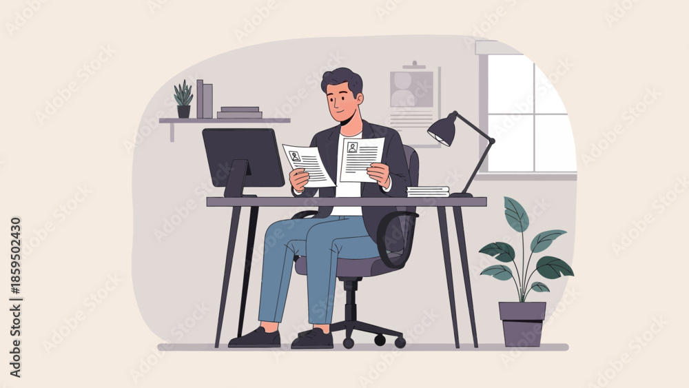 Fototapeta premium Professional man working at his modern office desk with documents and computer in a bright workspace