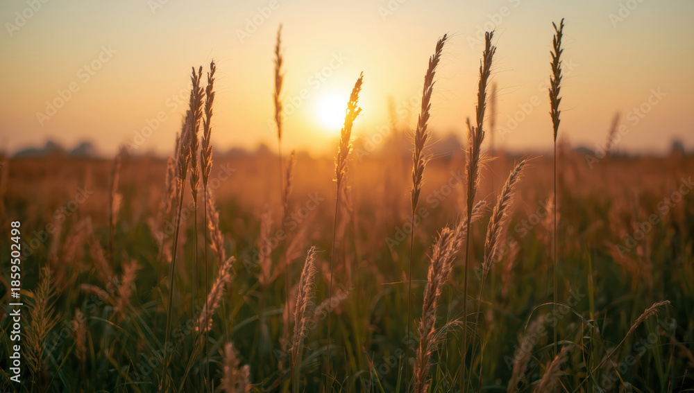 Fototapeta premium Golden grass field sunrise warm light peaceful mood