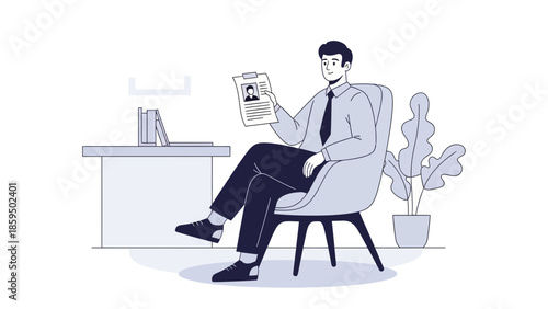 Professional man seated in office chair holding a resume or CV while working at desk with books