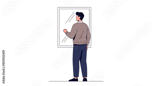 Illustration of a man standing in front of a mirror reflecting self-view and introspection
