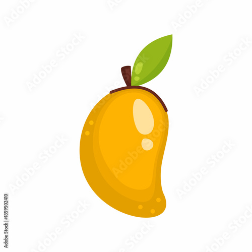Bright yellow mango in cartoon style on white background. Fruit illustration.