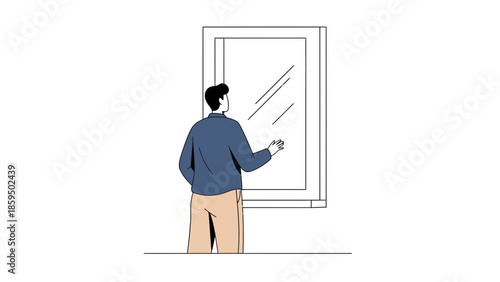 Illustration of a man standing in front of a window with a reflective glass surface observing his