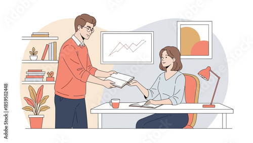 Professional Office Scene Depicting a Man Handing Documents to a Woman at a Desk in a Modern