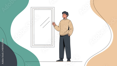 illustration of a man standing near a mirror with modern abstract background design