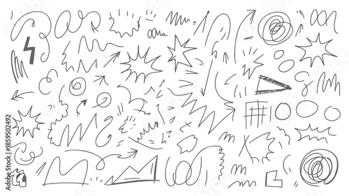An expressive doodle composition made of various hand drawn shapes and lines on a white background for design elements