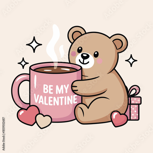 A sweet teddy bear hugs a coffee mug that reads 'Be my Valentine'.