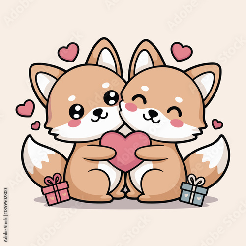 Two adorable cartoon foxes share a heart and gifts on Valentine's Day.