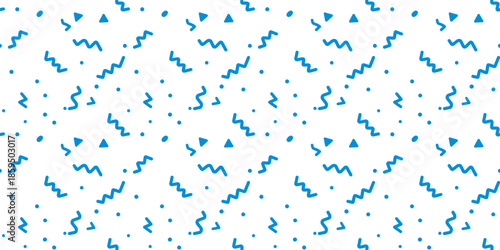 Minimalist Memphis style seamless pattern with blue squiggles and triangles on white background vector.