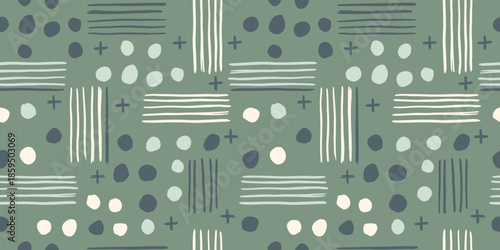 Abstract hand drawn seamless pattern with dots and lines on sage green background vector illustration.