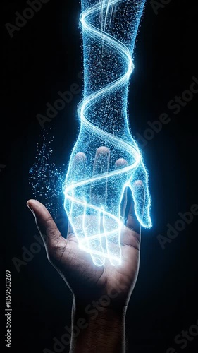 Digital manipulation with hands and shimmering light particles in a dark environment creating a