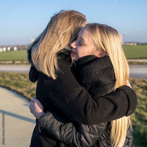 jeune fille tenant sa mère dans ses bras, adolescente blonde et sa maman en extérieur