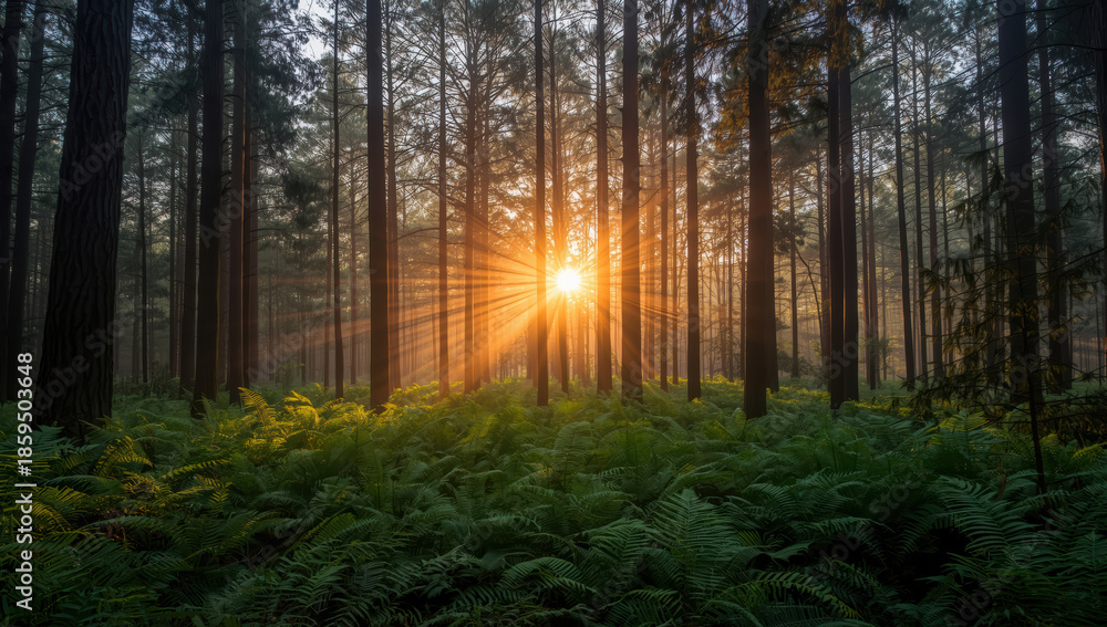 Obraz premium Sunrise forest fern sunlight rays morning mist peaceful mood