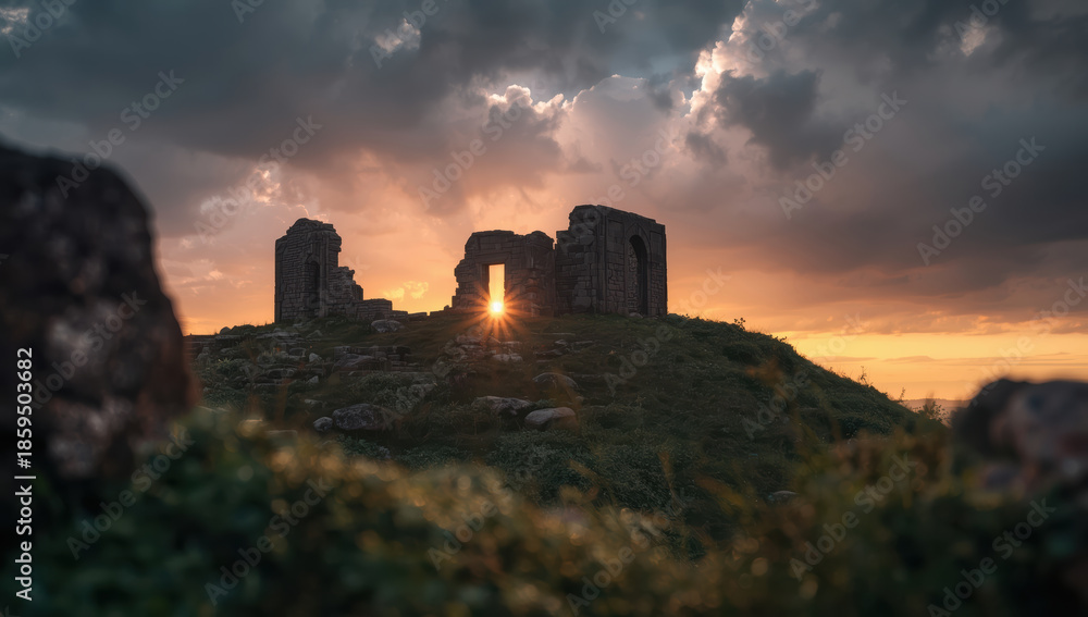 Fototapeta premium Ancient ruin sunrise ruins sunrise hill dramatic sky stone silhouette sunburst