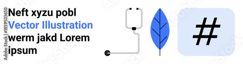 Stethoscope alongside blue leaf and hash symbol combines healthcare, sustainability, and digital themes. Ideal for healthcare, eco-tech, environment, online presence, medicine, technology simple
