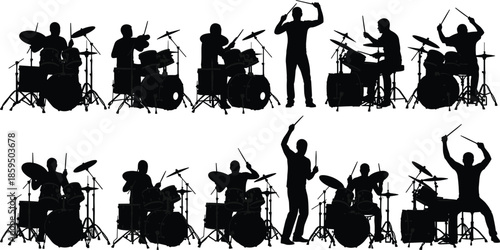 Drummer silhouettes, drum set icons, music performance vector, percussion illustration, musician design, concert graphics, rhythm symbol, black and white set