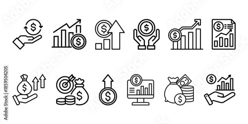 Money income thin line icon set. Financial profit symbol. Containing statistic, financial analysis data, finance graph, growth, investment, chart, fund, payment, revenue, earnings, management, profit.