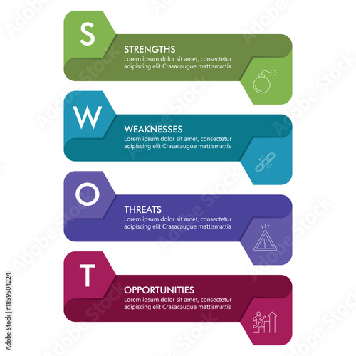 SWOT Analysis Infographics Diagram with Four Steps or Options. Business Advantages and Disadvantages. Colorful Presentation Template for Planning, Management, and Evaluation of Project.
