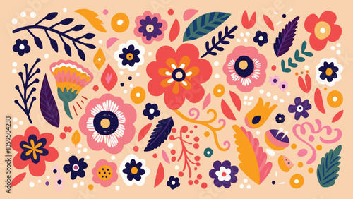 Vibrant floral pattern with colorful flowers and leaves on peach background