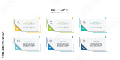 Infographic template design. 6 step timeline journey. Process diagram, 6 options on a white background, infographic elements, business, education, technology, modern vector illustration.