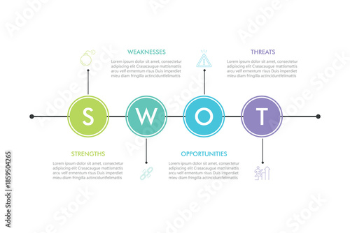 SWOT Analysis Infographics Diagram with Four Steps or Options. Business Advantages and Disadvantages. Colorful Presentation Template for Planning, Management, and Evaluation of Project.