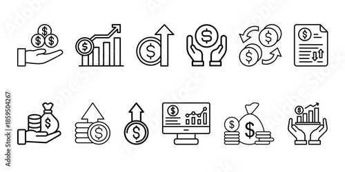 Money income thin line icon set. Financial profit symbol. Containing statistic, financial analysis data, finance graph, growth, investment, chart, fund, payment, revenue, earnings, management, profit.