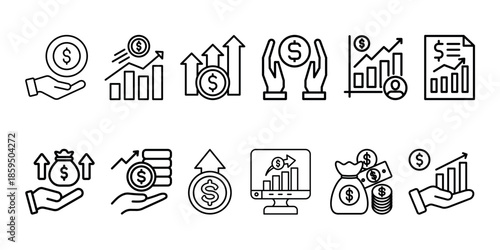 Money income thin line icon set. Financial profit symbol. Containing statistic, financial analysis data, finance graph, growth, investment, chart, fund, payment, revenue, earnings, management, profit.