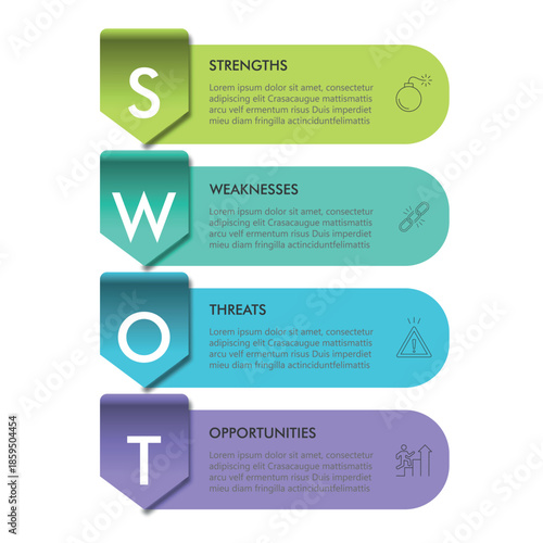 SWOT Analysis Infographics Diagram with Four Steps or Options. Business Advantages and Disadvantages. Colorful Presentation Template for Planning, Management, and Evaluation of Project.