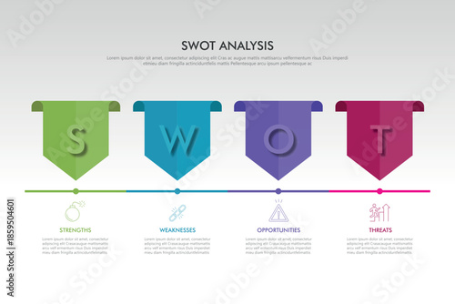 SWOT Analysis Infographics Diagram with Four Steps or Options. Business Advantages and Disadvantages. Colorful Presentation Template for Planning, Management, and Evaluation of Project.