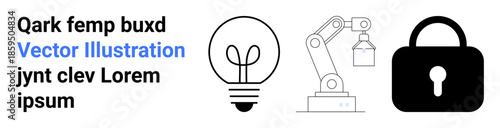 Innovation, cybersecurity, robotics, automation, energy, digital protection. Light bulb ideas, robotic arm for automation lock security. Cybersecurity and robotics concepts