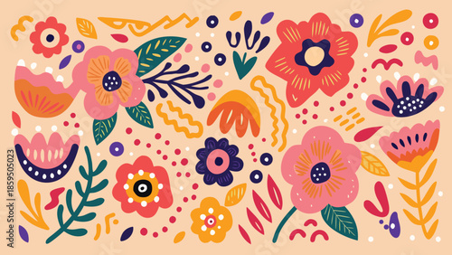 Vibrant floral pattern with colorful flowers and leaves on soft peach background
