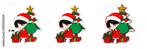 Cute Chibi Girl Celebrating Christmas With Tree And Gift Cartoon Illustration Vector