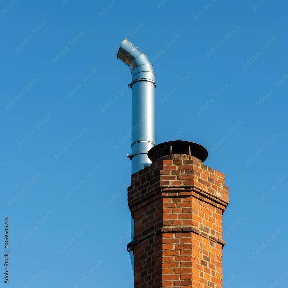 Obraz premium Architectural detail of a brick chimney stack with a metal flue liner extending upward, set against a clear blue sky background ,residential ,hearth ,roof