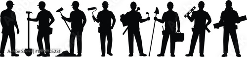 Construction worker silhouettes set, black vector illustration of builders holding tools representing labor industry professions isolated white background design collection