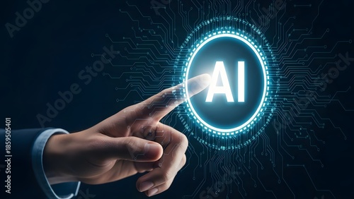 Hand Pressing Illuminated AI Symbol on Futuristic Technology Screen with Blue Light Circuit Pattern