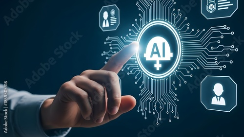 Human Finger Touching Glowing Artificial Intelligence Icon on Digital Circuit Board Touchscreen Display