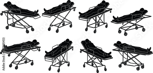 Medical stretcher, hospital gurney, patient transport, emergency bed, ambulance equipment, healthcare icon, silhouette design, cad drawing flat vector illustration