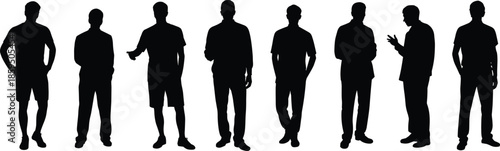 Male silhouettes standing poses set, black vector illustration of men full body figures isolated on white background, modern, minimalist design