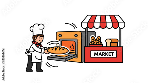 Cartoon Baker Preparing Fresh Bread at Market Stall