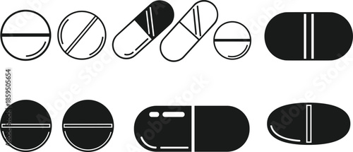 Medicine pills and capsules icon set, pharmaceutical tablet symbols, healthcare drug dosage shapes, black and white medical flat vector illustration