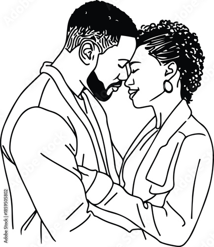 Intimate romantic couple embracing, love relationship illustration, emotional connection art, black and white line drawing, passion affection concept