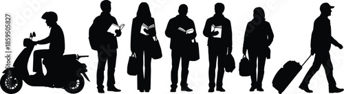People silhouettes commuting and traveling, black vector illustration of students workers reading walking riding scooter isolated white background collection design