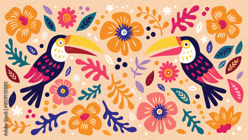 Vibrant tropical toucans surrounded by colorful flowers and leaves pattern