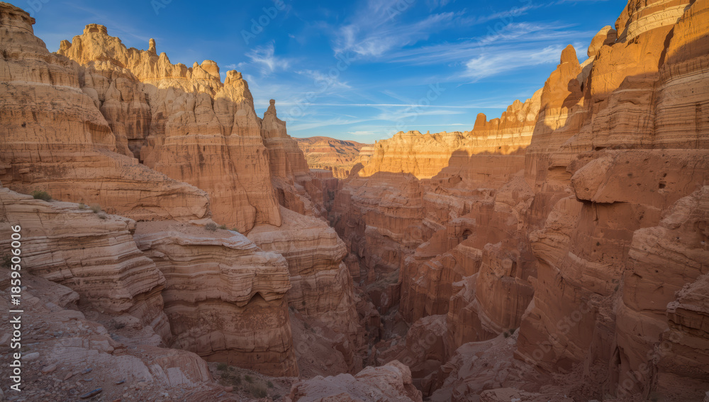Fototapeta premium Vast rocky desert canyon with layered sandstone cliffs lit by golden sunlight, serene sky