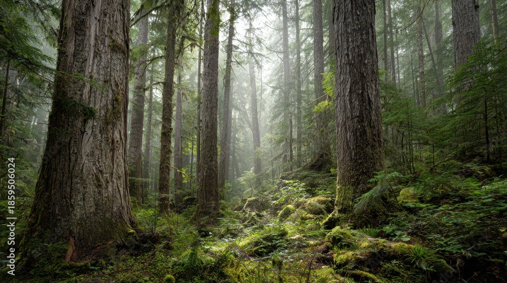 Fototapeta premium Pristine dense woodland landscape with rich greens, misty depth, and natural textures
