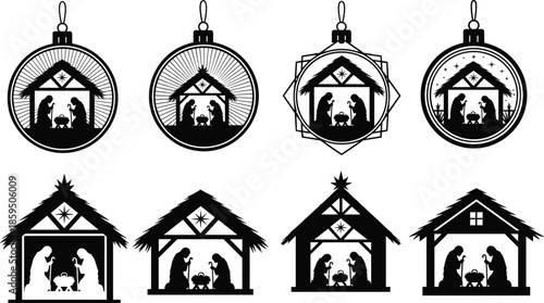 Nativity ornament, Christmas manger scene, holy family, Bethlehem star, religious silhouette, holiday decoration, cad drawing flat vector illustration