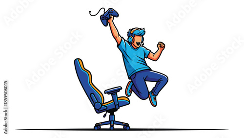 Excited Gamer Jumping from Chair with Controller in Hand