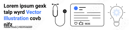 Healthcare, digital identity, social media, innovation, online profiles, and creativity. Stethoscope, user profile card with engagement stats and lightbulb icon. Healthcare and digital identity