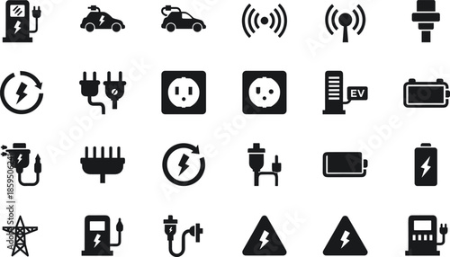 Electric vehicle icon set, EV charging station symbols, battery, plug, socket, energy, black vector grid, mobility infrastructure